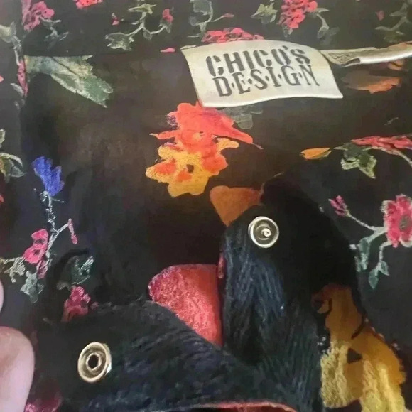 Vintage 90s Chico's Black Floral  Sheer Blouse, Lace Ribbon Accents Size 3 - Picture 3 of 5